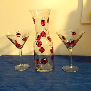 Ladybug Decanter with two Martini glasses